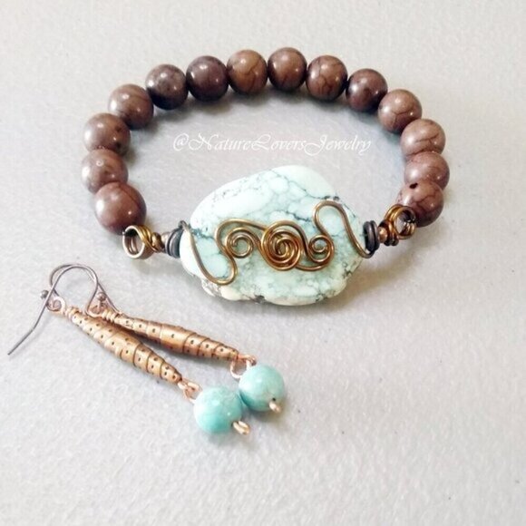 Gift Set: Beaded Bracelet & Earrings ~ Copper & Turquoise Howlite - Southwestern - Picture 1 of 13